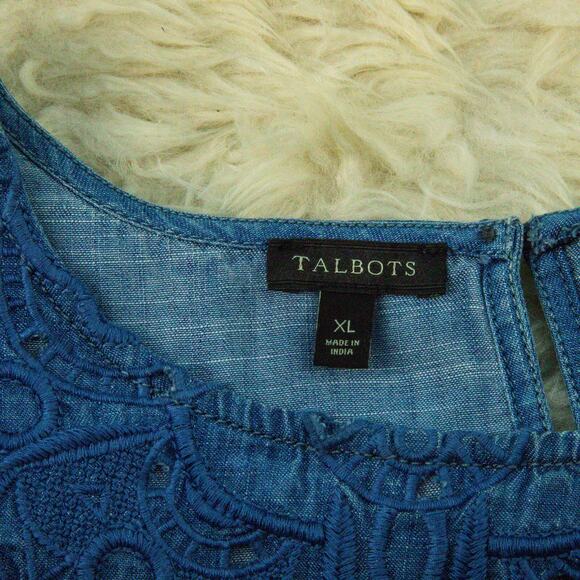 Talbots Size XL Blue Chambray Embroidered Crew Scoop Neck Long Sleeve Tencel Top - Picture 4 of 6